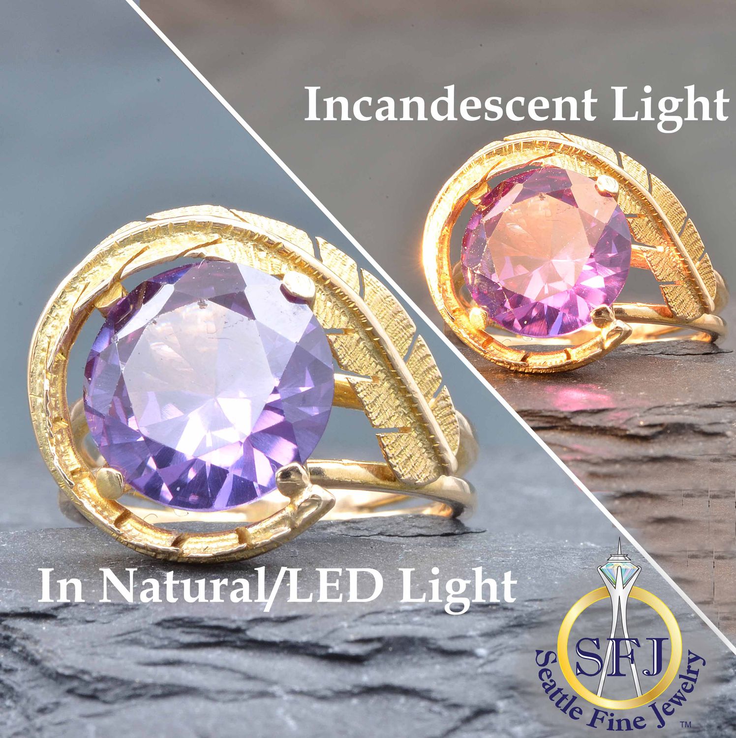 Color-Change Sapphire Ring, Solid 14k Yellow Gold