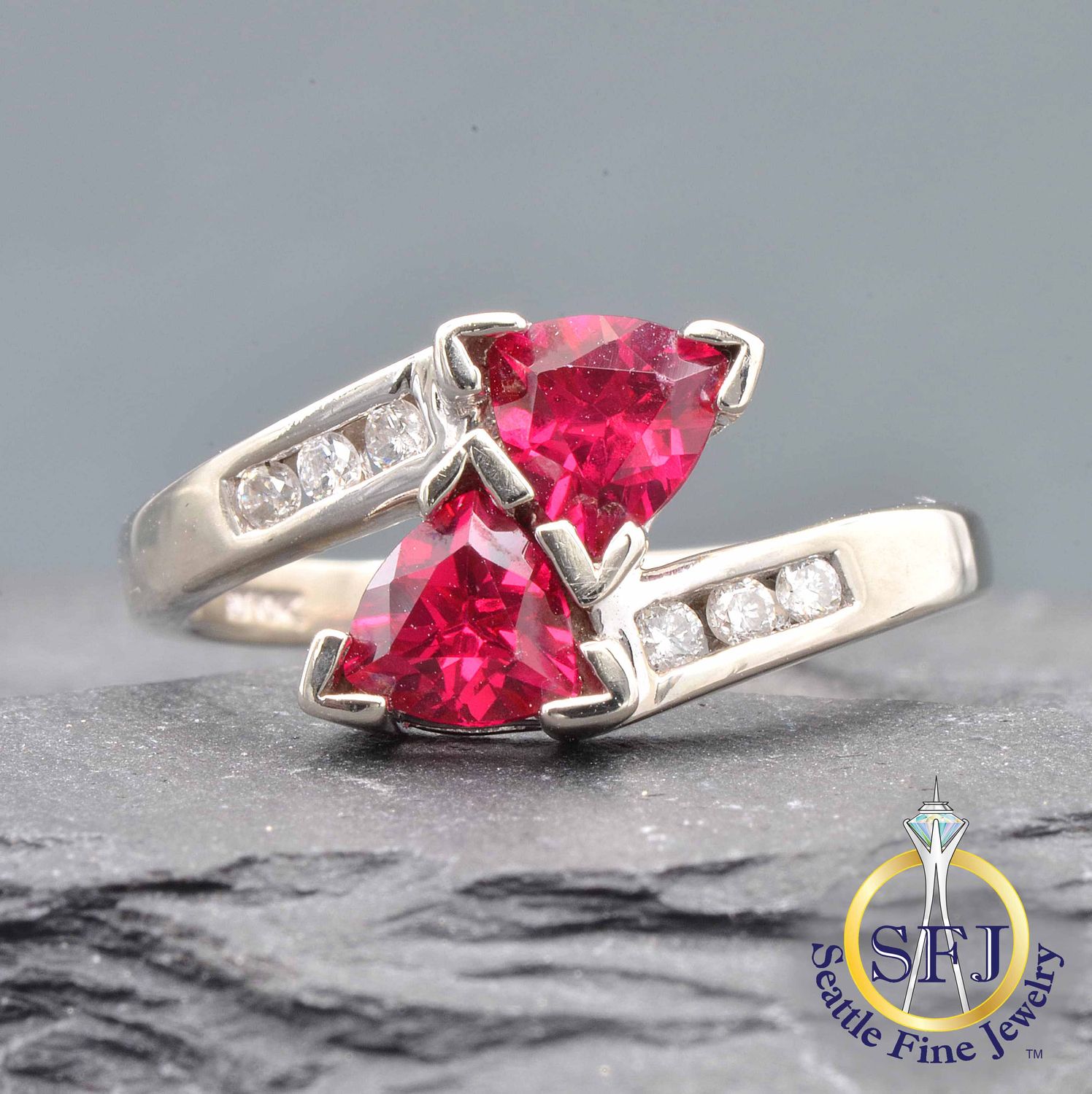 Trilliant Ruby and Diamond 'Moi et Toi' Bypass Ring, Solid 10K White Gold