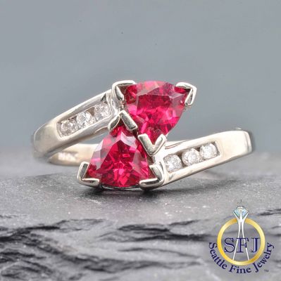 Trilliant Ruby and Diamond 'Moi et Toi' Bypass Ring, Solid 10K White Gold