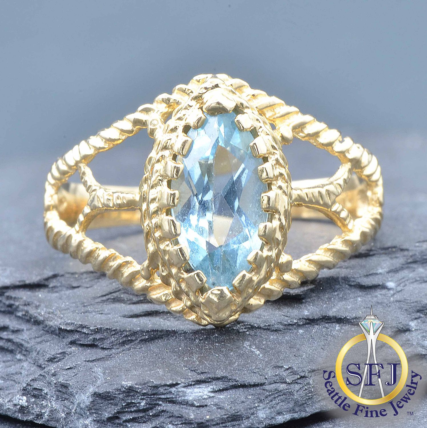 Marquise Topaz Solitaire Filigree Ring, Solid 14K Yellow Gold