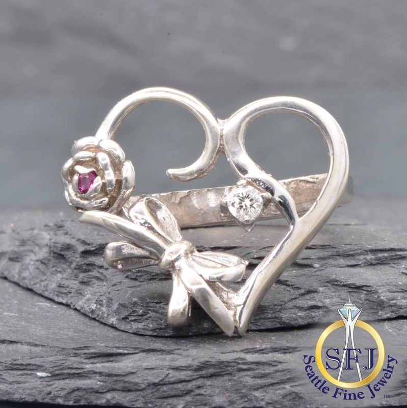 Ruby and Diamond Heart and Bow Ring, Solid Sterling Silver