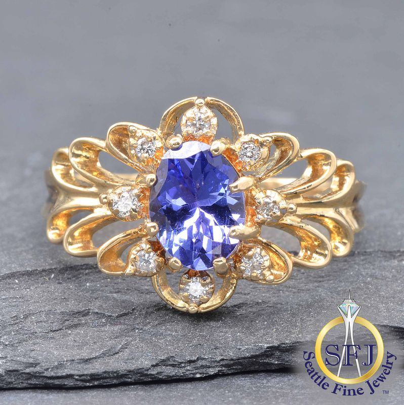 Tanzanite and Diamond Filigree Ring, Solid 10K Yellow Gold
