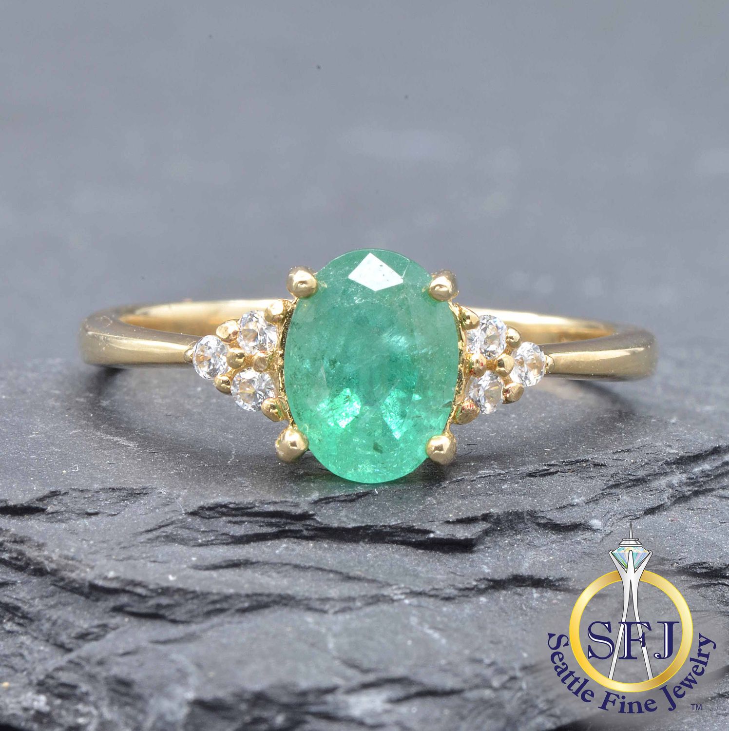 Emerald and White Sapphire Ring, Solid 10k Yellow Gold