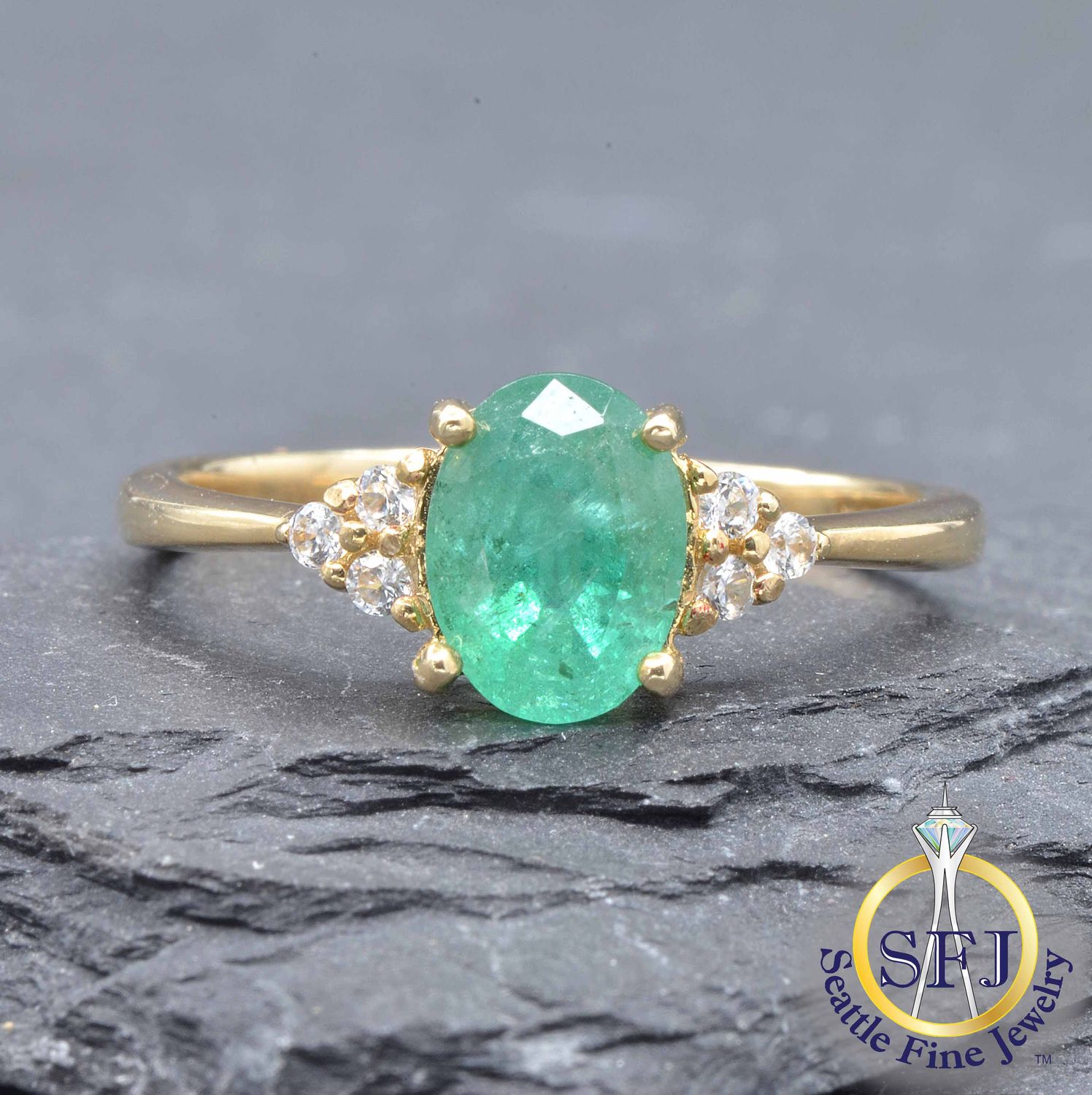 Emerald and White Sapphire Ring, Solid 10K Yellow Gold