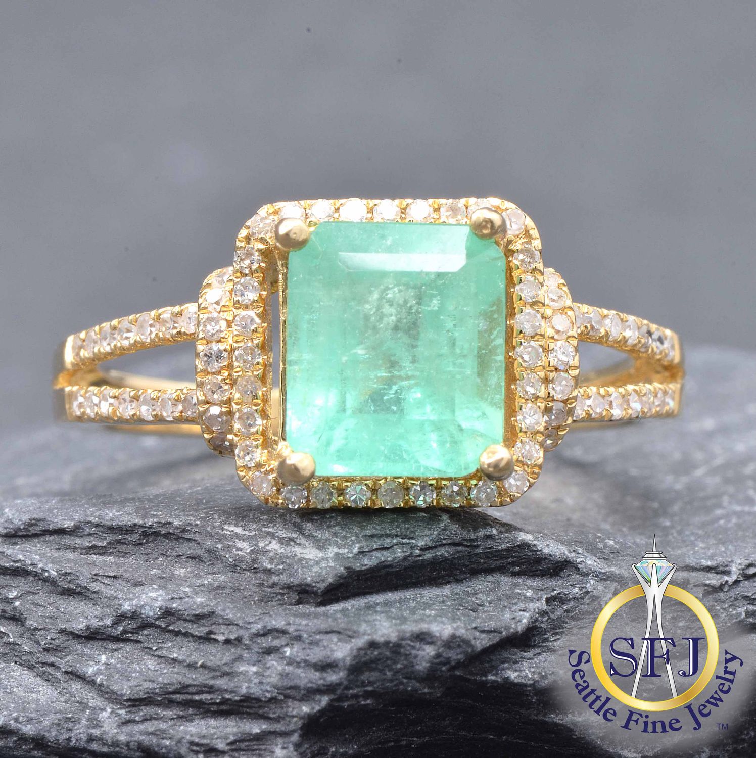 Emerald and Diamond Square Halo Ring, Solid 14K Yellow Gold