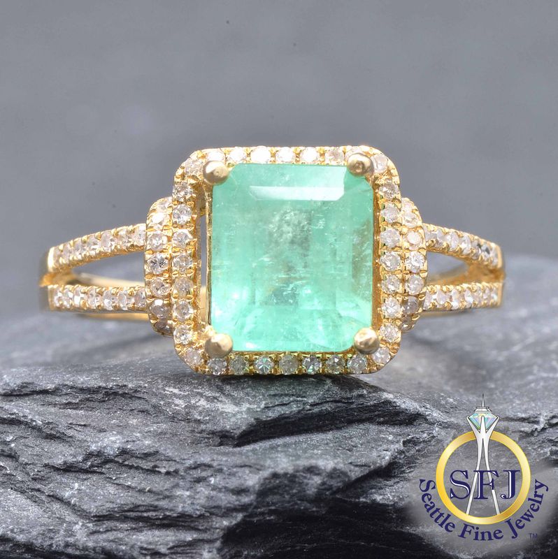 Emerald and Diamond Square Halo Ring, Solid 14K Yellow Gold