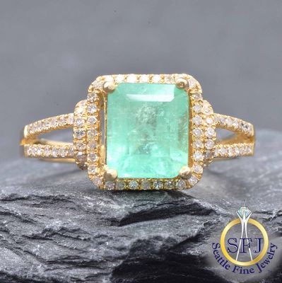 Emerald and Diamond Square Halo Ring, Solid 14K Yellow Gold