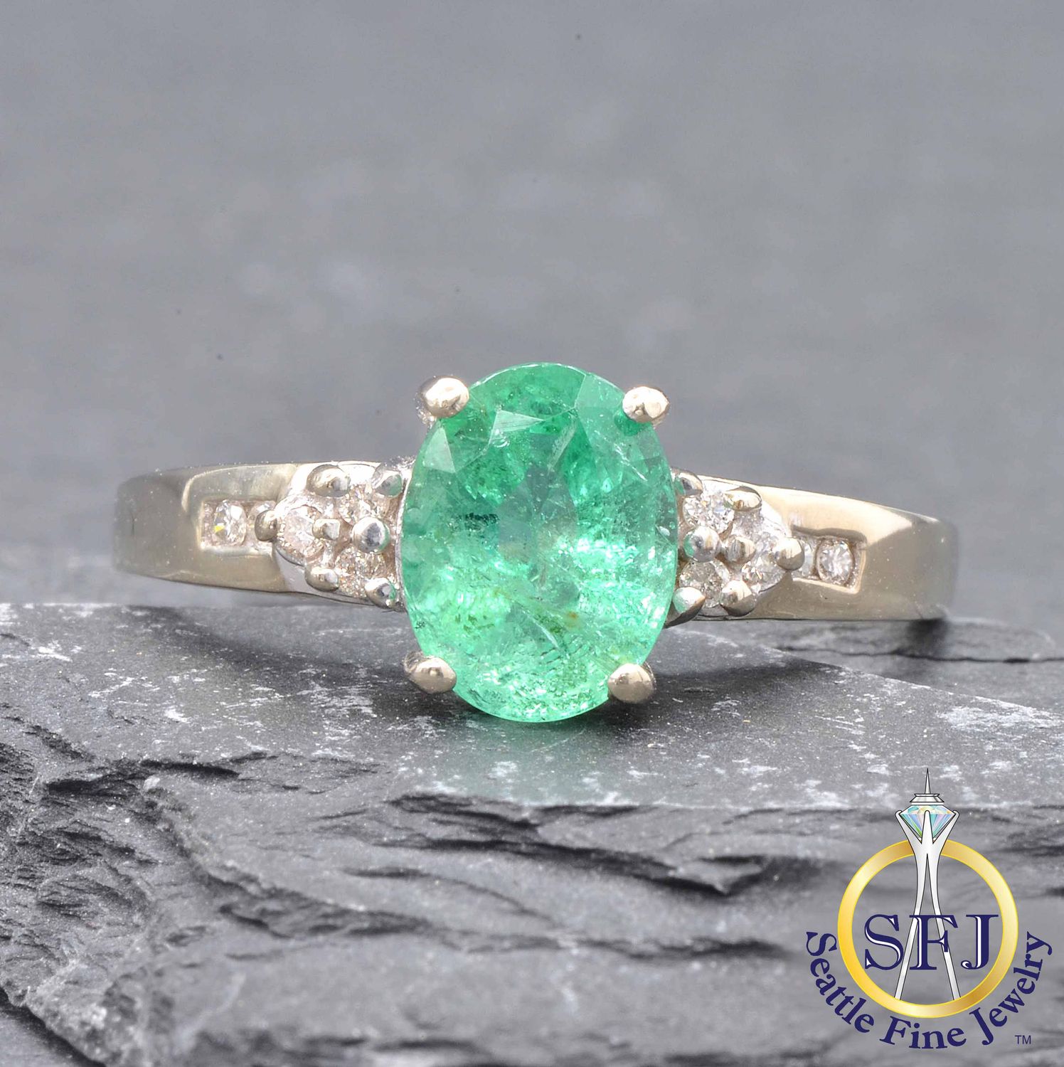 Emerald and Diamond Ring, Solid 10K White Gold