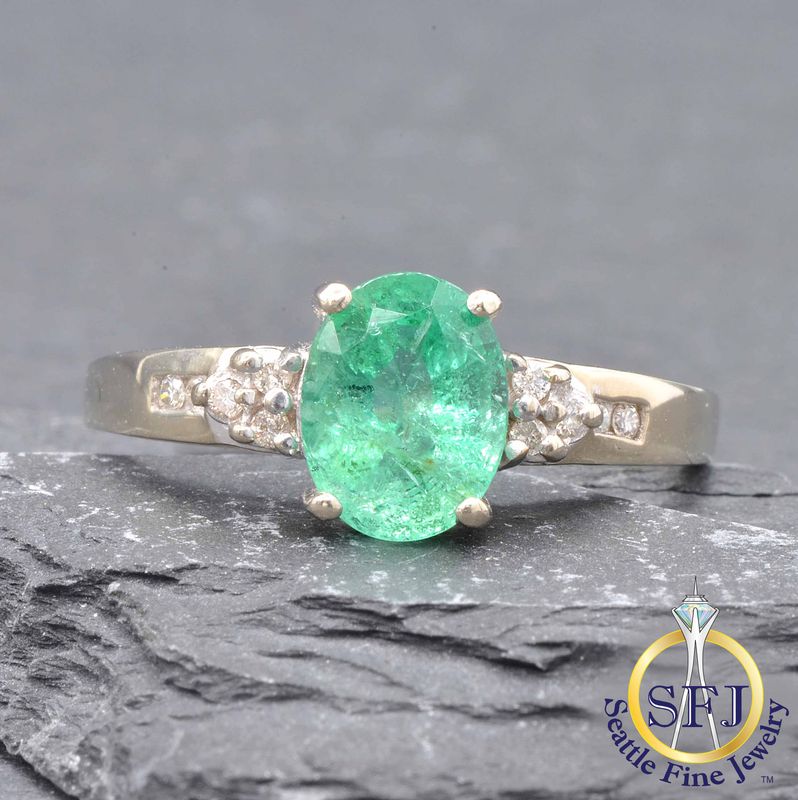 Emerald and Diamond Ring, Solid 10K White Gold