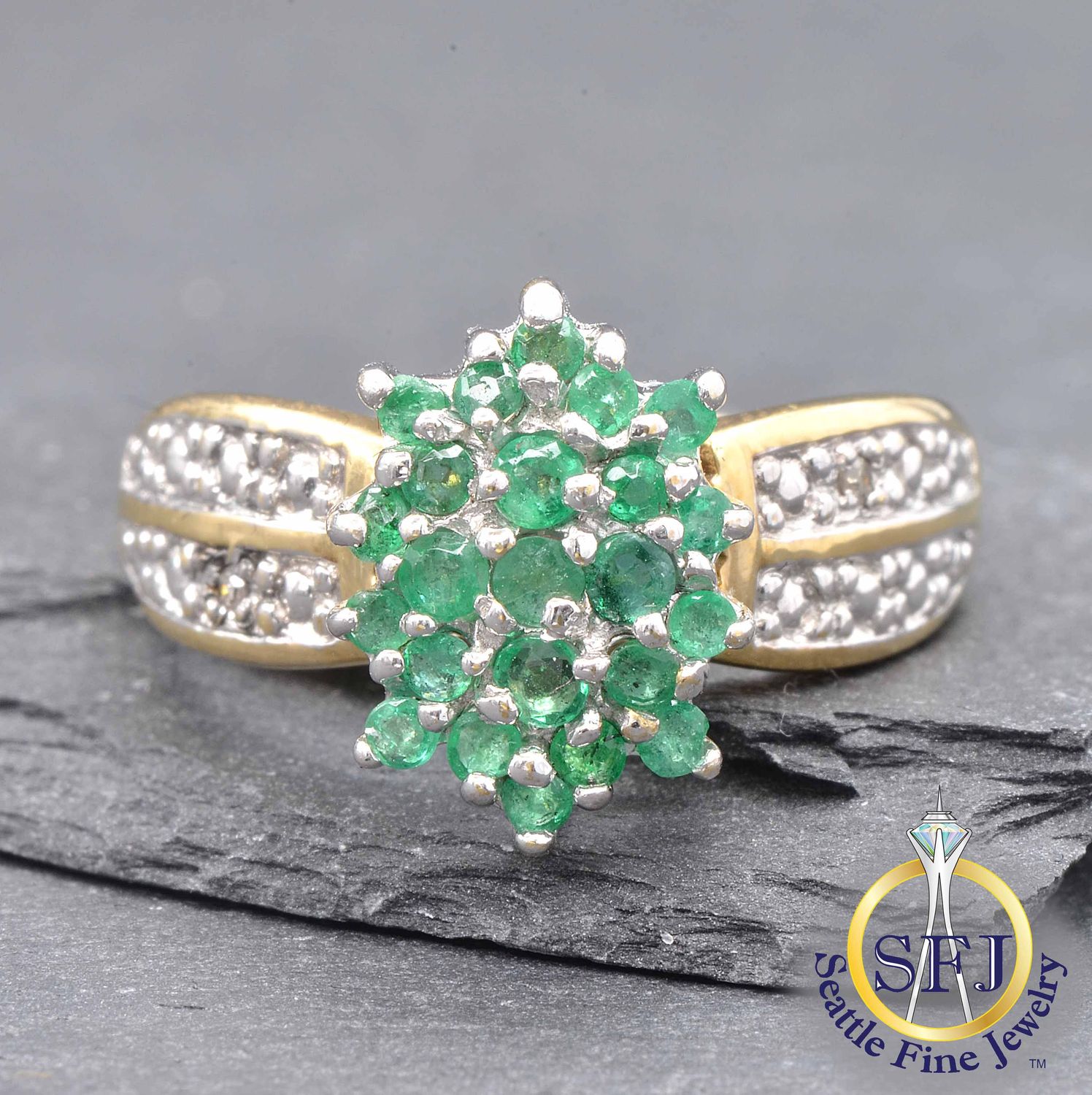 Emerald and Diamond Cluster Ring, Solid 10K Yellow Gold