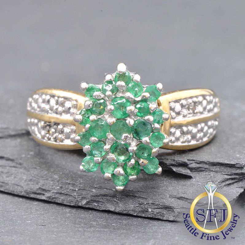 Emerald and Diamond Cluster Ring, Solid 10K Yellow Gold