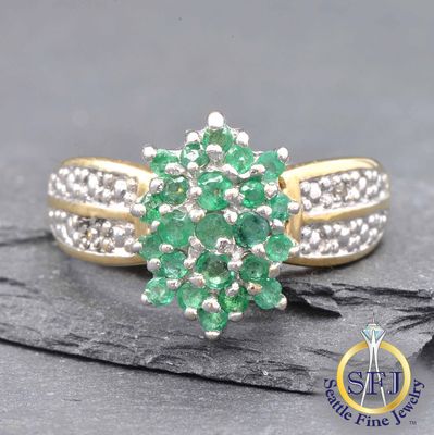 Emerald and Diamond Cluster Ring, Solid 10K Yellow Gold