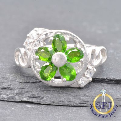 Chrome Diopside and Cubic Zirconia Ring, Solid Sterling Silver