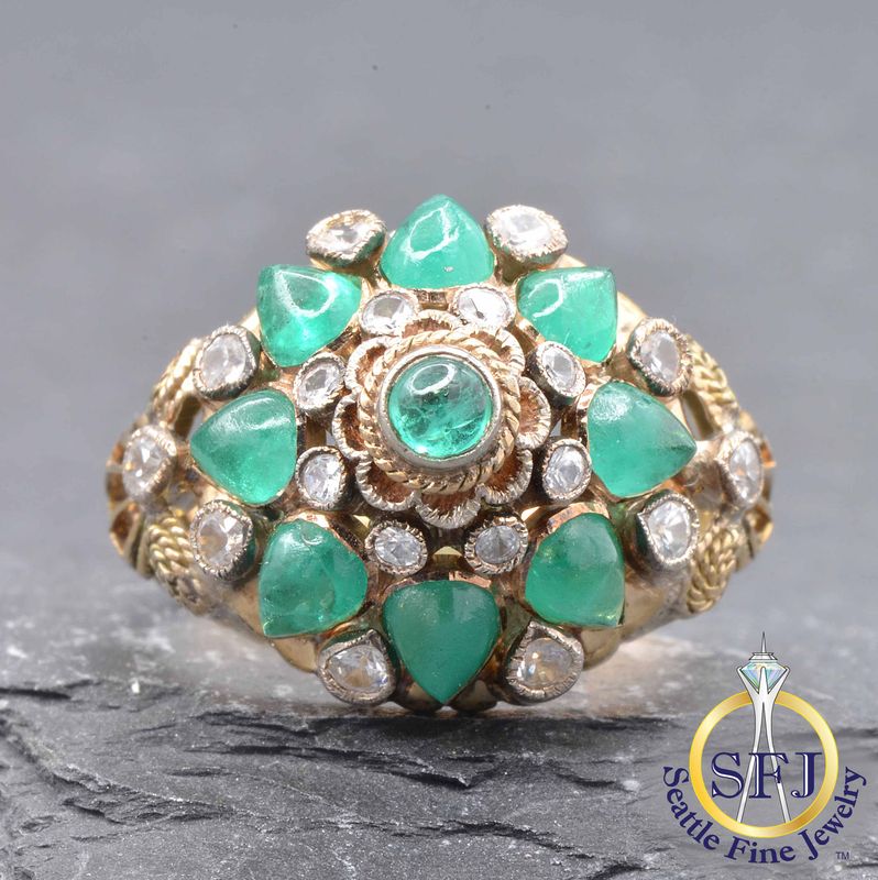 Antique Emerald and Zircon 'Thai Princess' Ring, Solid 18K Yellow Gold
