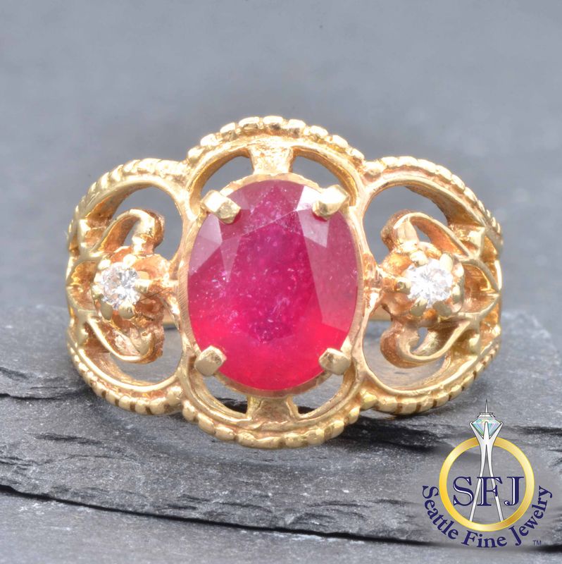 Ruby and Diamond Filigree Milgrain Ring, Solid 14K Yellow Gold