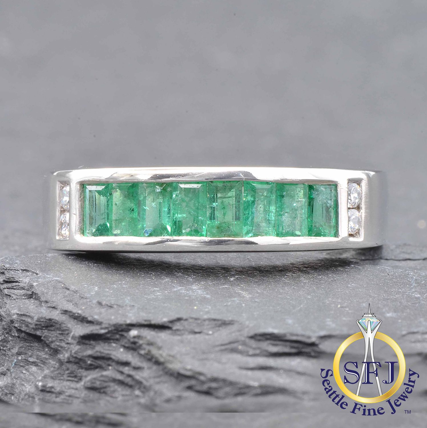 Emerald and CZ Channel Set Ring, Solid Sterling Silver