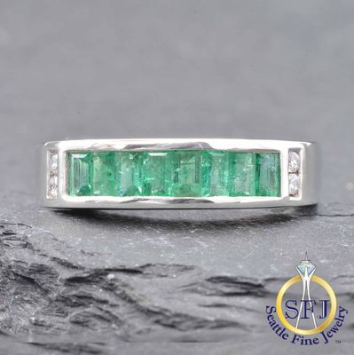 Emerald and CZ Channel Set Ring, Solid Sterling Silver