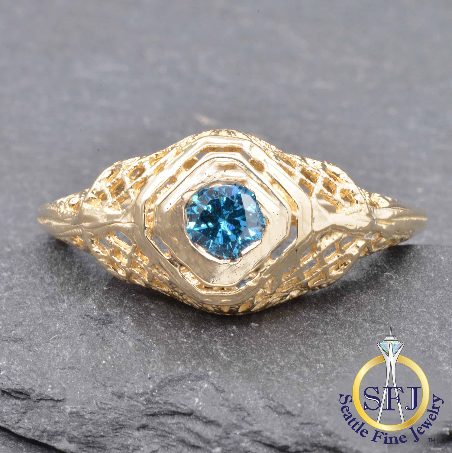 Antique Ring Setting with New Natural Blue Diamond Ring, Solid 14K Yellow Gold