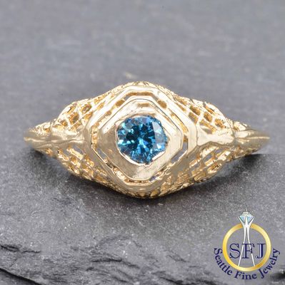 Antique Ring Setting with New Natural Blue Diamond Ring, Solid 14K Yellow Gold