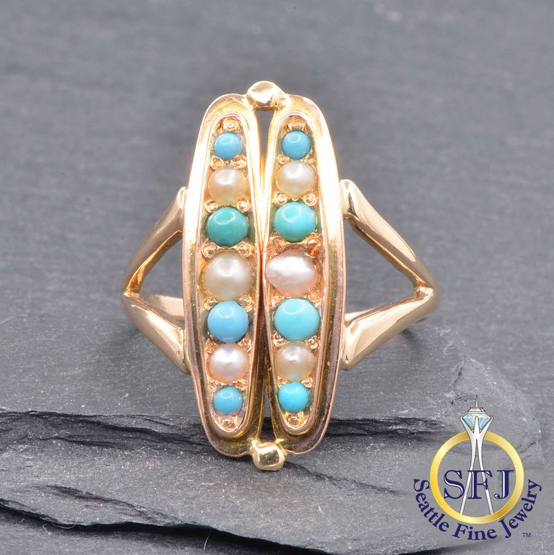 Antique Victorian Pearl and Turquoise Ring, Solid 14K Yellow Gold