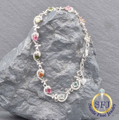 Multiple Gemstone and CZ Fancy Floral Link Bracelet, Solid Sterling Silver