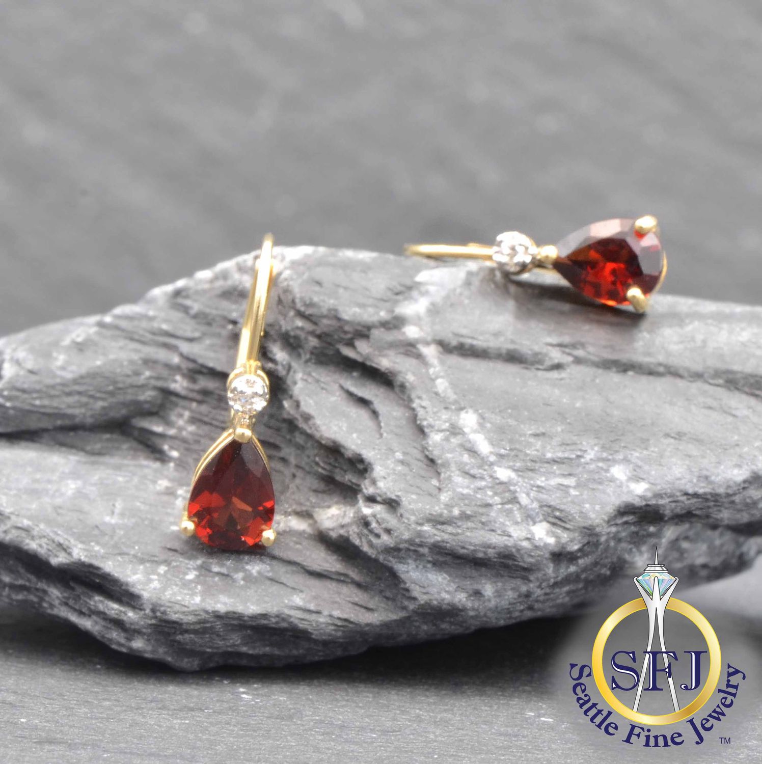 Pear Garnet and Diamond Leverback Earrings, Solid 14K Yellow Gold