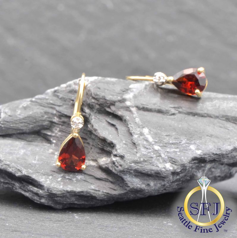 Pear Garnet and Diamond Leverback Earrings, Solid 14K Yellow Gold