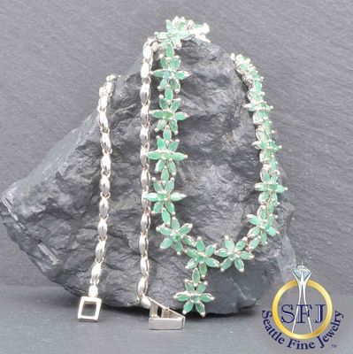 Marquise Emerald Floral Link Necklace, Solid Sterling Silver