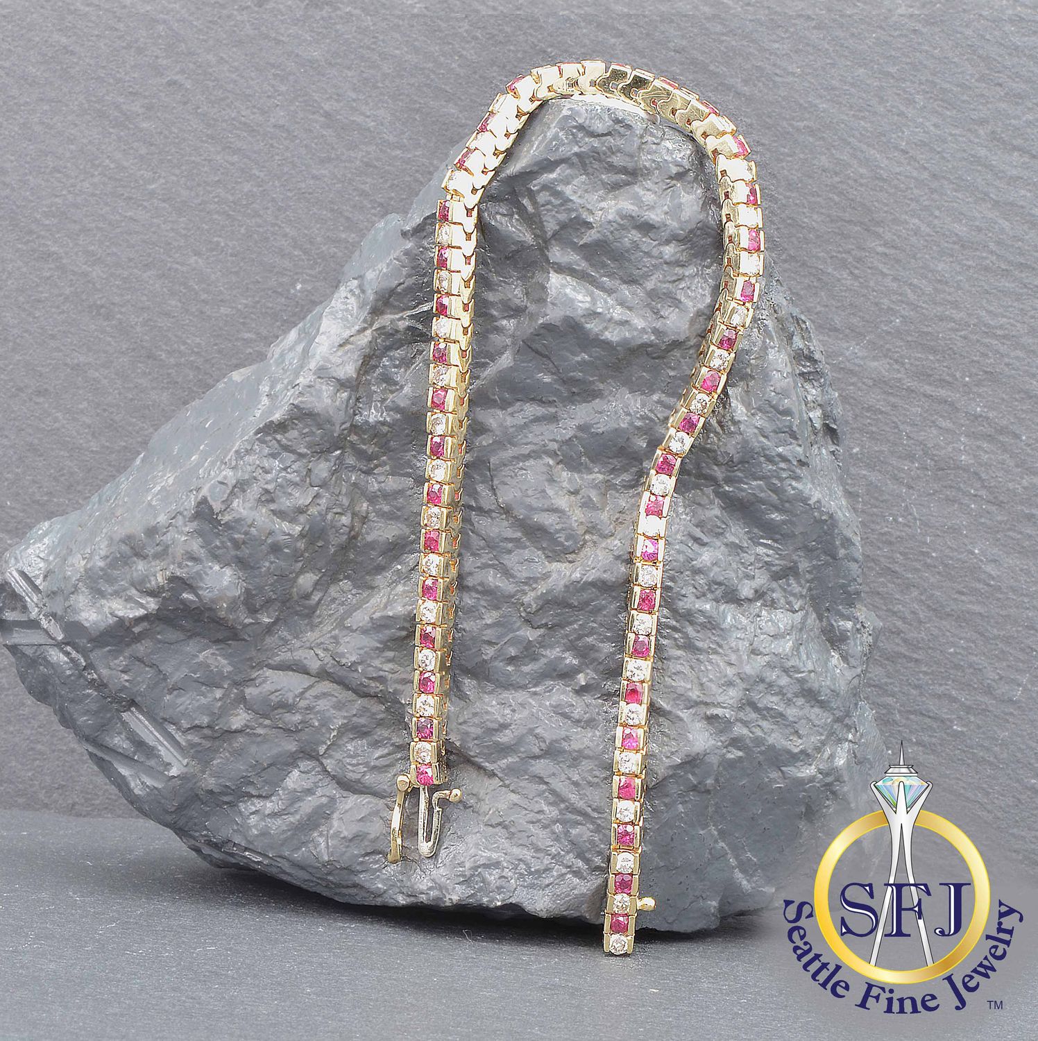 Ruby and Diamond Square Link Tennis Bracelet, Solid 14K Yellow Gold