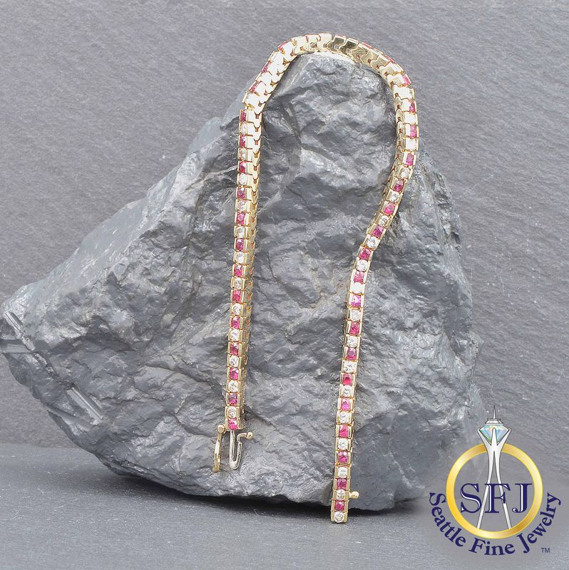 Ruby and Diamond Square Link Tennis Bracelet, Solid 14K Yellow Gold