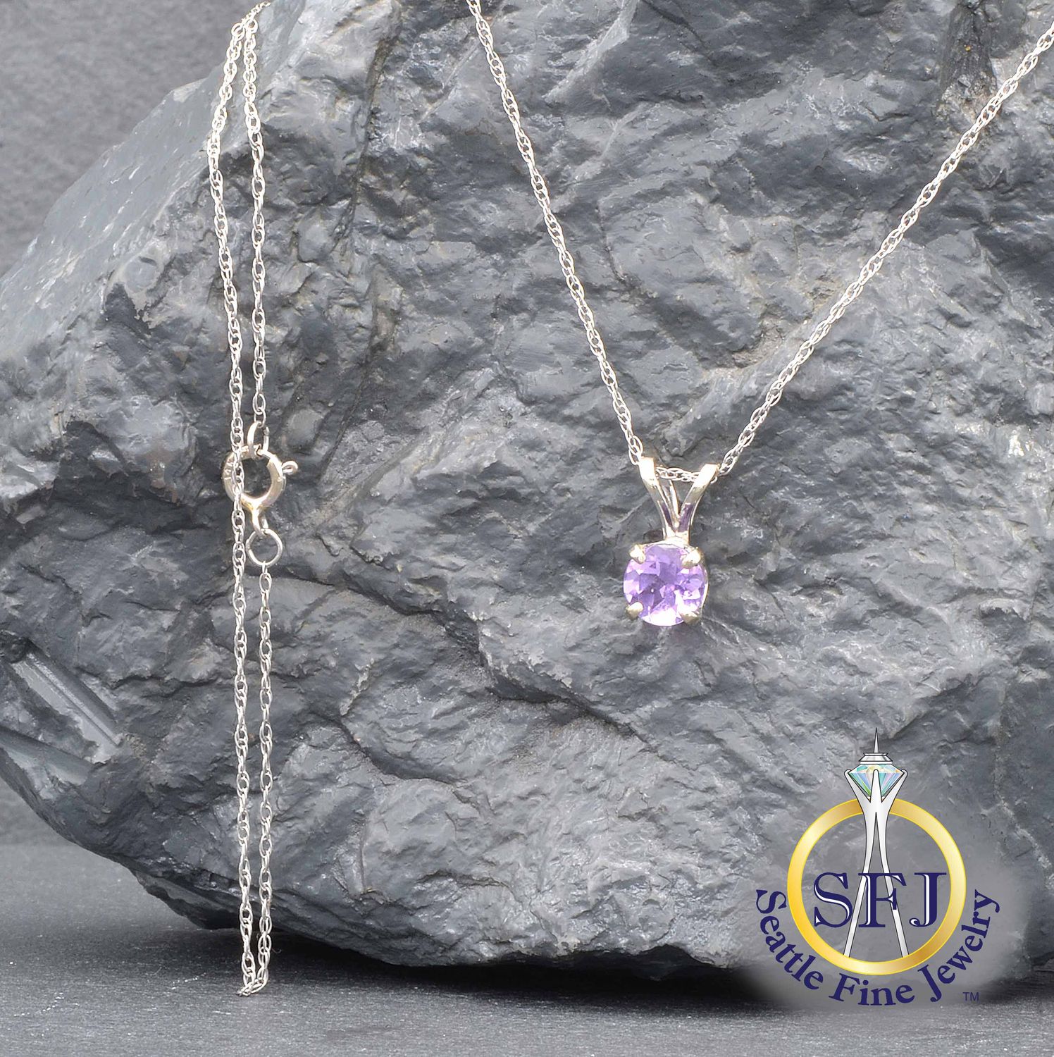 Amethyst Pendant, Solid 14K White Gold