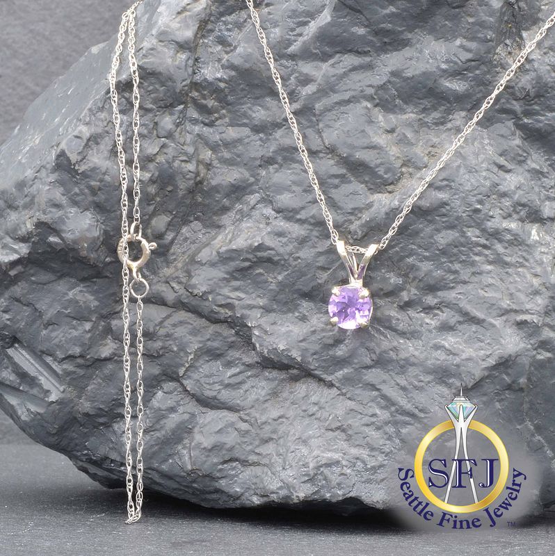 Amethyst Stud Pendant Necklace, Solid 14k White Gold
