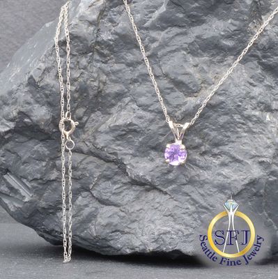 Amethyst Stud Pendant Necklace, Solid 14k White Gold