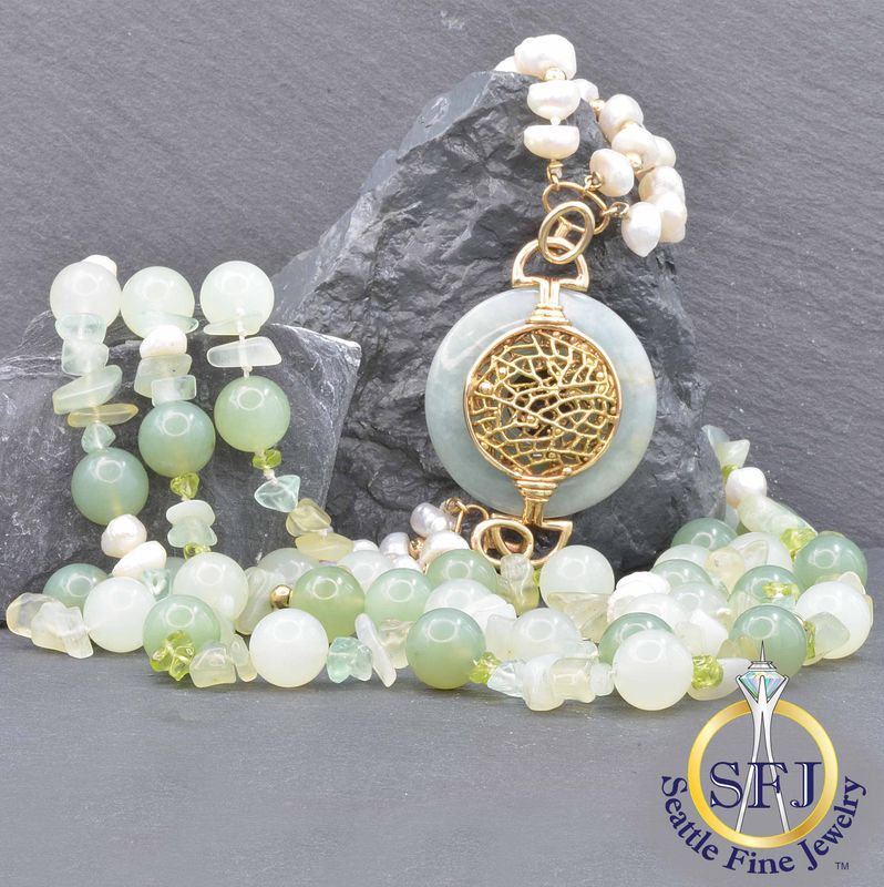 Midcentury Jadeite, Peridot, Chalcedony, Flourite, and Pearl Necklace, Solid 14K Yellow Gold