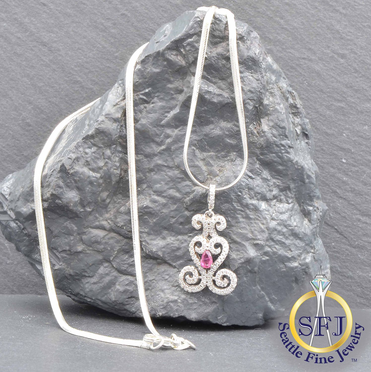 Pink Tourmaline and CZ Filigree Pendant Necklace, Solid Sterling Silver