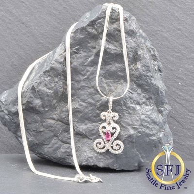 Pink Tourmaline and CZ Filigree Pendant Necklace, Solid Sterling Silver