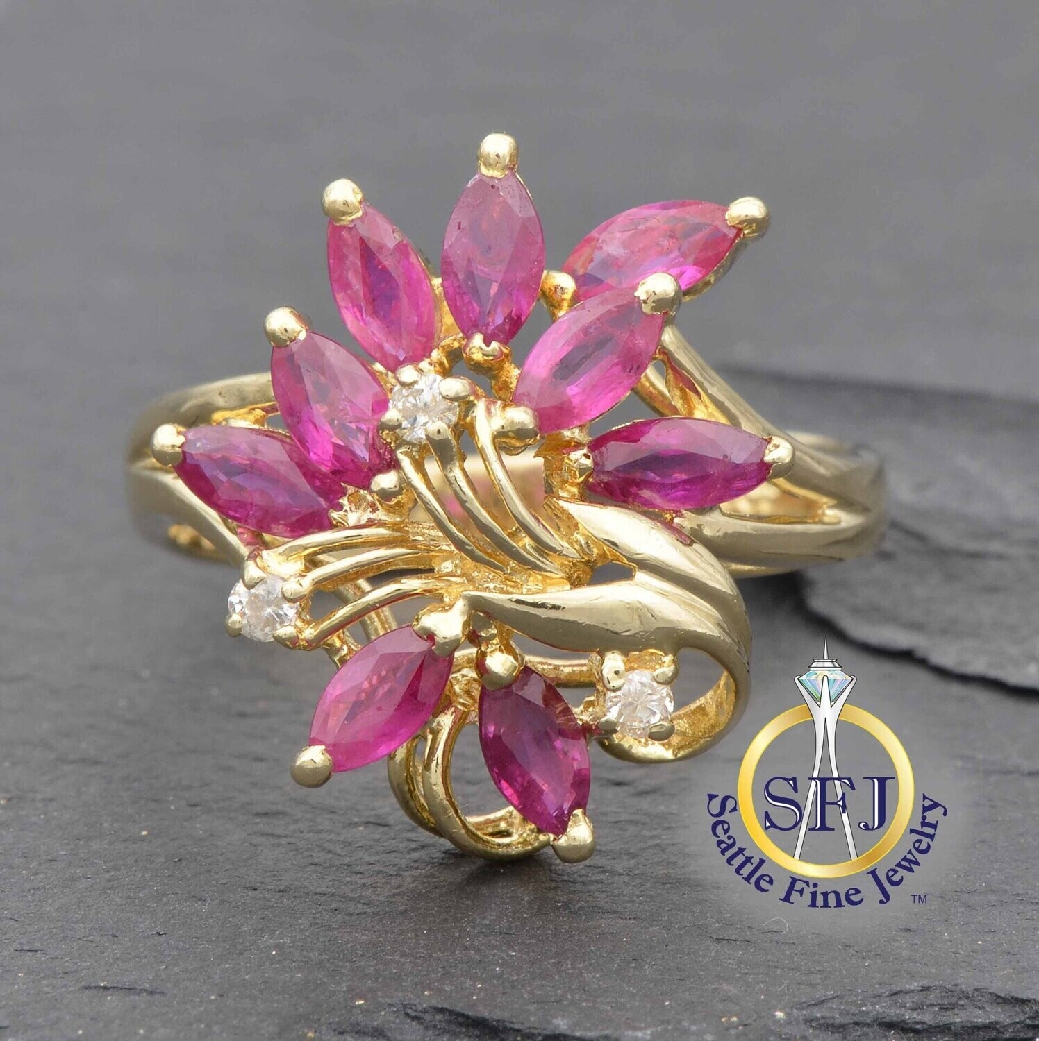 Ruby and Diamond Marquise Cluster Ring, Solid 14K Yellow Gold Ruby and Diamond Marquise Cluster Ring, Solid 14K Yellow Gold