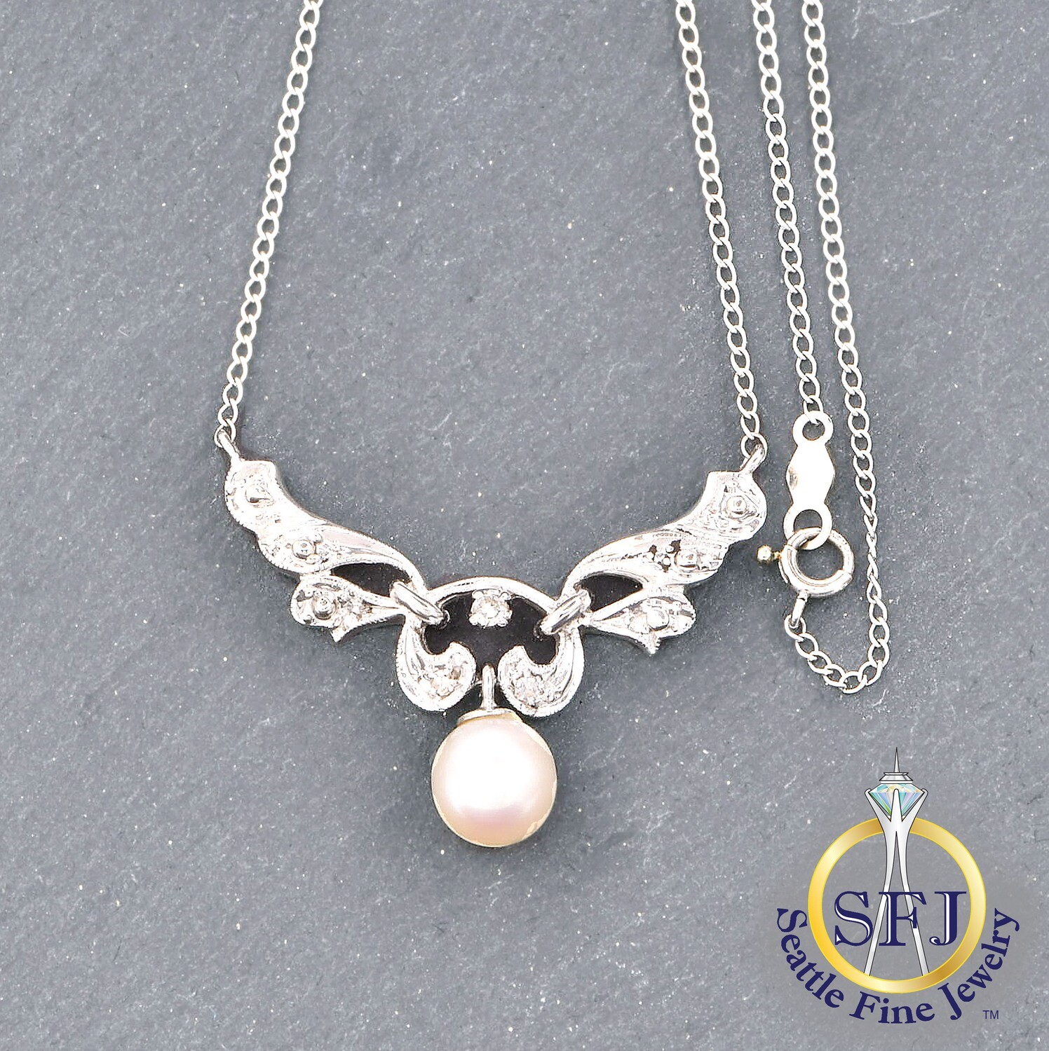 Pearl and Diamond Filigree Drop Necklace, Solid 14K White Gold Pearl and Diamond Filigree Drop Necklace, Solid 14K White Gold