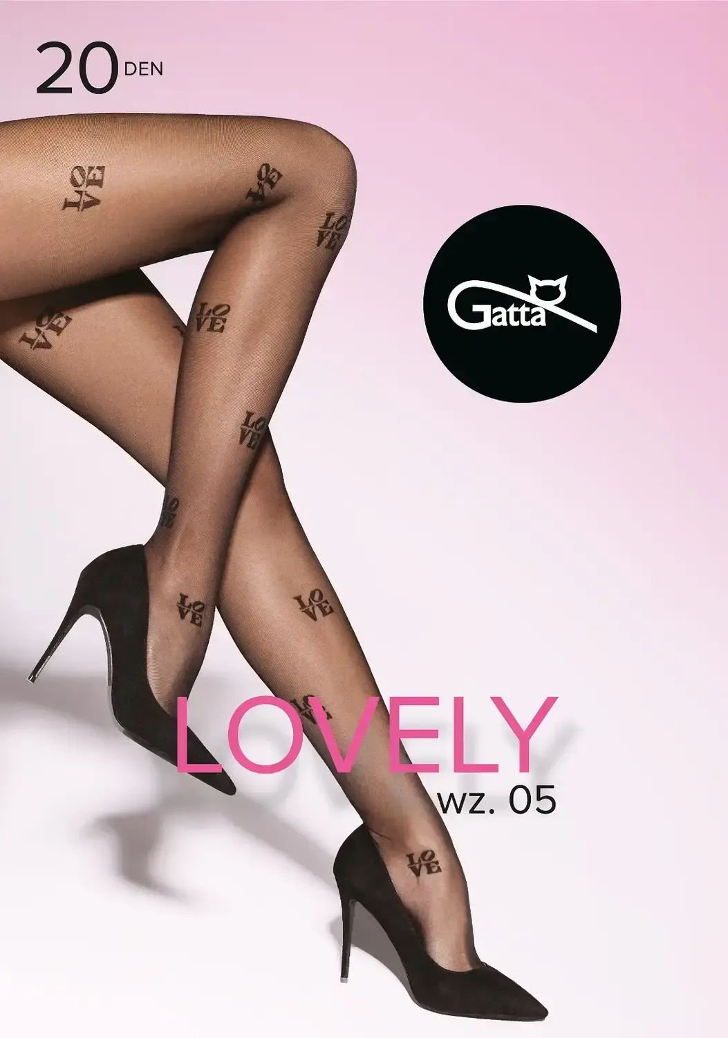 LOVELY 05 -Ženske čarape 20 DEN NERO-RED Model nosi Gatta LOVELY 05 čarape sa natpisom LOVE
