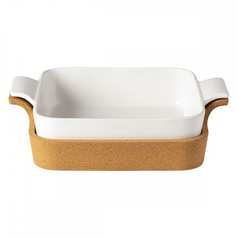 Pirofila quadrata con manici bianca con supporto sughero Ensemble cm. 32
