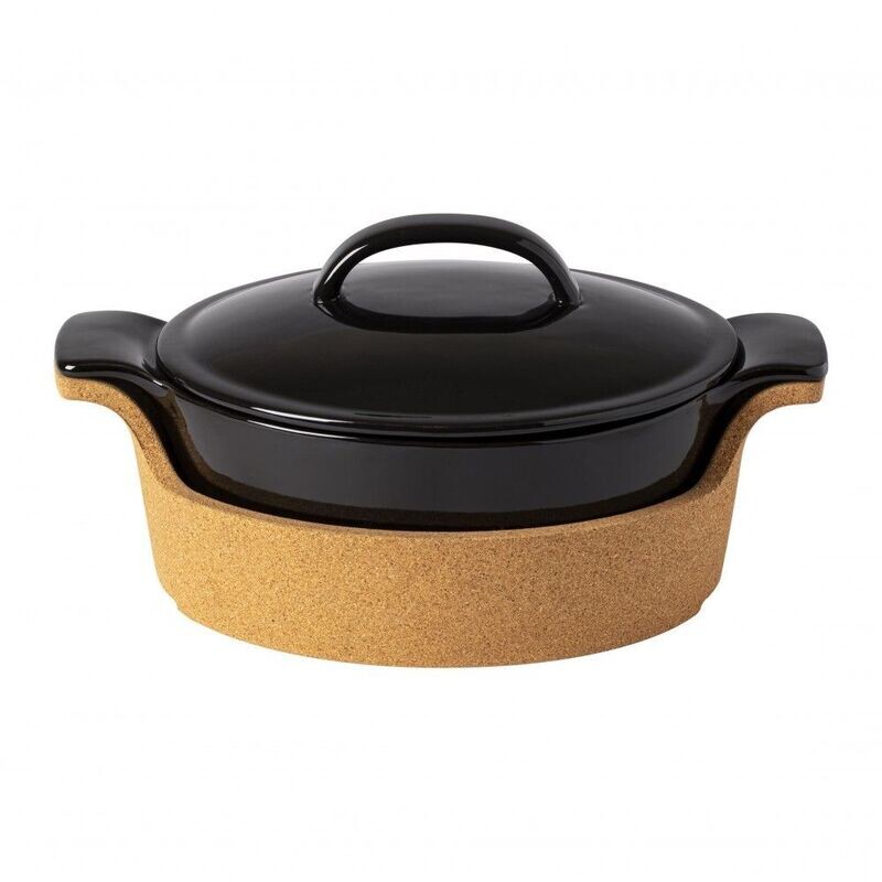 Casseruola ovale con coperchio nera con supporto sughero Ensemble