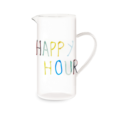 Brocca cocktail trasparente con scritta HAPPY HOUR in vetro colorato