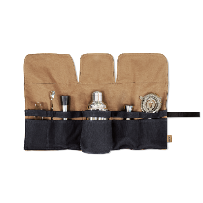Set cocktail professionale 9 pz in acciaio inox, in astuccio in tela con cintura in ecopelle
