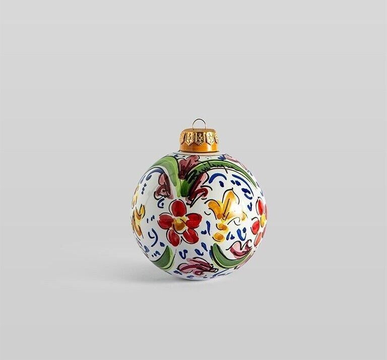 Palla di Natale lucida decorata fiorellino multicolor  Ø 9 cm. Ceramica Bevilacqua