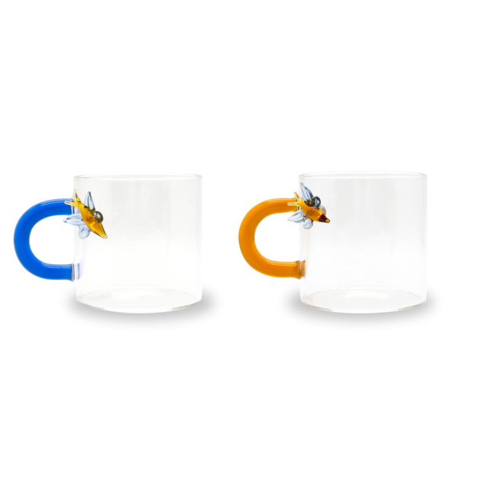 Set 2 tazzine in vetro con manico colorato e decoro esterno in vetro colorato con figura  Farfalla