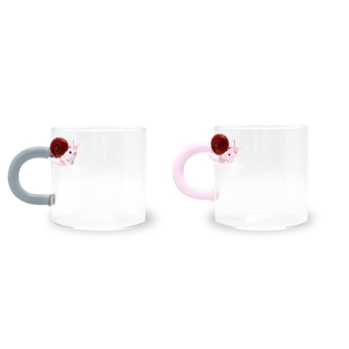 Set 2 tazzine in vetro con manico colorato e decoro esterno in vetro colorato con figura  Lumaca