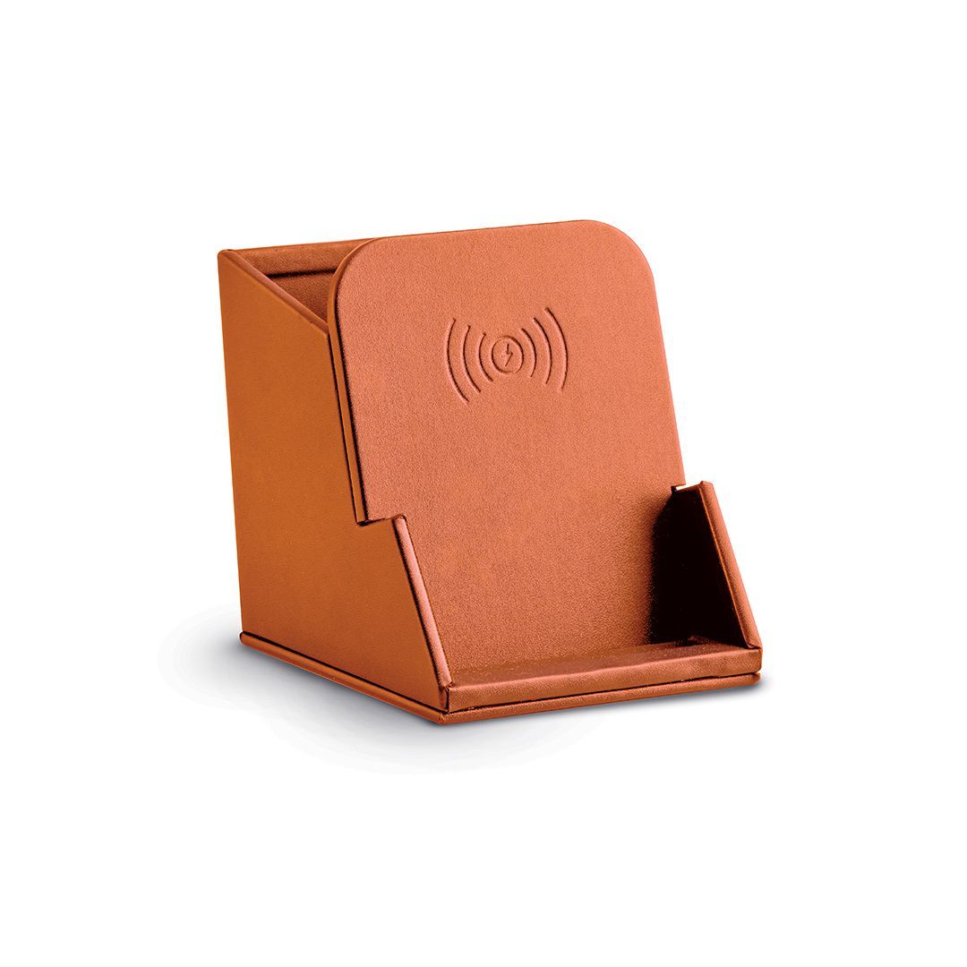 Porta penne in ecopelle arancio con caricatore wireless