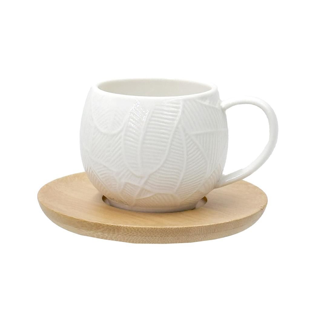 Set 6 tazzine caffè foglie c. piattino legno INTAVOLA