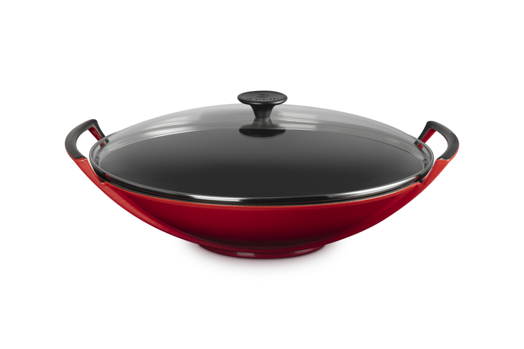 Wok in ghisa vetrificata con coperchio vetro cm. 36 rosso ciliegia