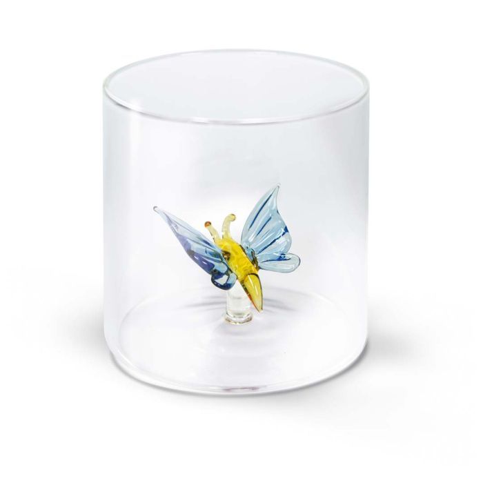 Bicchiere in vetro borosilicato con soggetto in vetro colorato con all'interno figura Farfalla Bicchiere in vetro borosilicato con soggetto in vetro colorato con all'interno figura Farfalla
